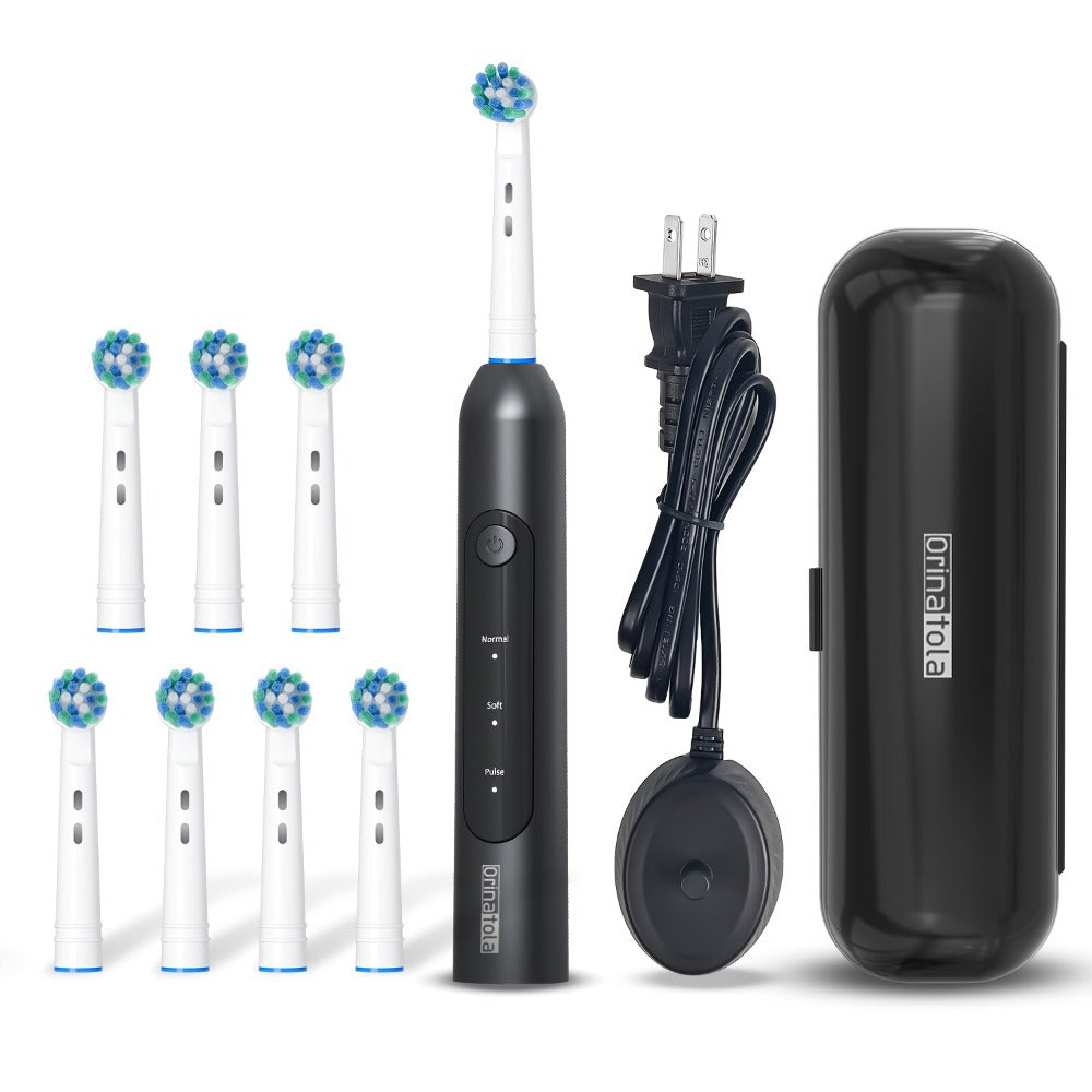 Electric Toothbrush with Eight Round Brush Heads, Three Modes, Induction Charging, IPX7 Rating and Travel Case