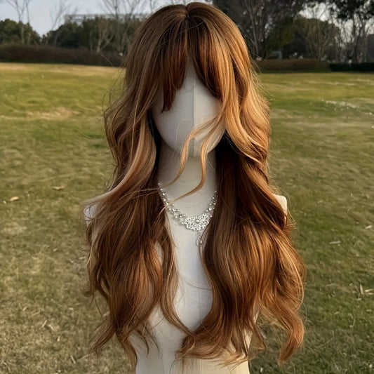 Synthetic Wig 24-Inch Light Brown Body Waves with Golden Highlights, Bangs and Rose Net Cap