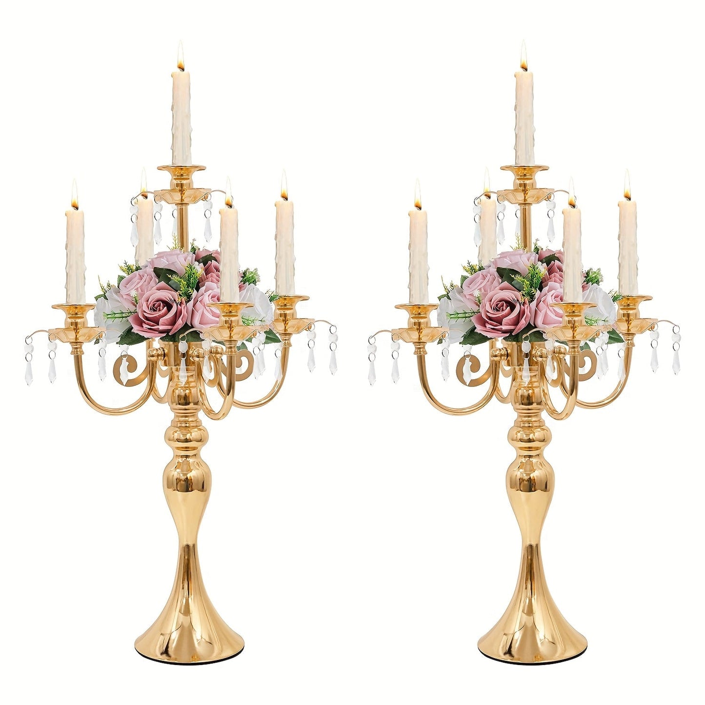Candle Holder Set of 2 Golden Metal Five-Arm Candelabras, 20.3-Inch Tabletop Stands for Taper Candles