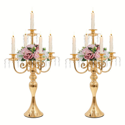 Candle Holder Set of 2 Golden Metal Five-Arm Candelabras, 20.3-Inch Tabletop Stands for Taper Candles