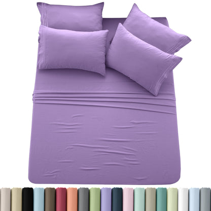 Sheet Set, Six-Piece Brushed Polyester Bedding with 16-Inch Fitted Pocket, Four Pillowcases and Twenty Colors