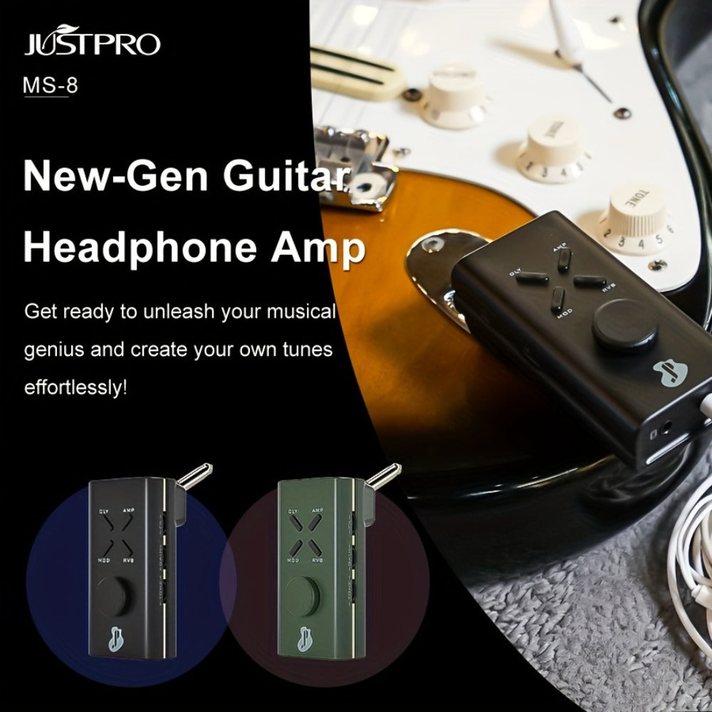 JUSTPRO Pocket Guitar Headphone Amp with 6 Amp Modules and 24 Guitar Effects, Mini USB Rechargeable Portable Plug-In Guitar Amplifier for Electric Guitar Silent Practice