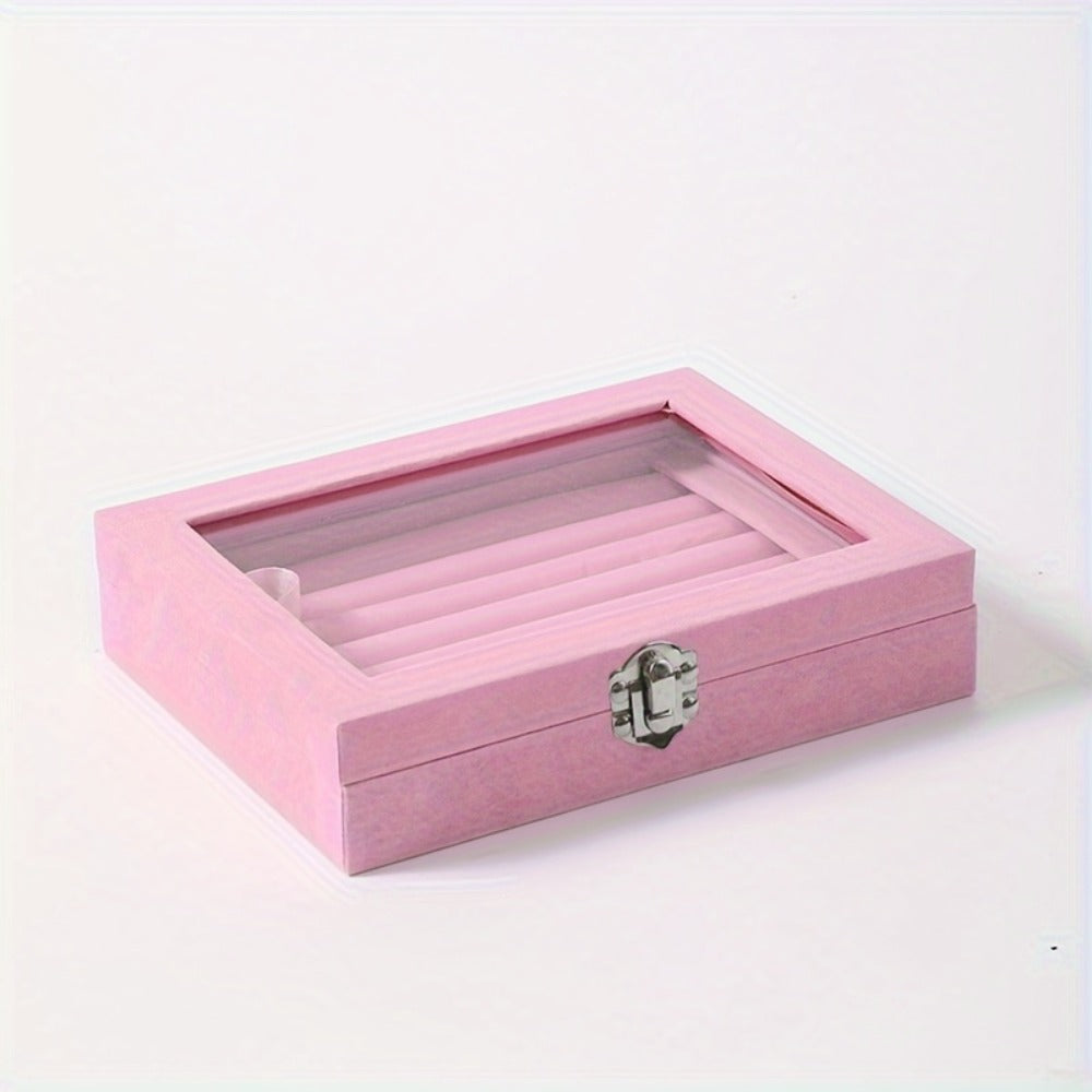 Jewelry Box with Locking Lid – 49-Ring Capacity Glass-Like Plastic Ring & Earring Organizer, Large Rectangular Storage Case, Waterproof Anti-Tarnish, 4 Colors, Holiday Gift