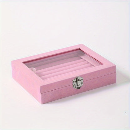Jewelry Box with Locking Lid – 49-Ring Capacity Glass-Like Plastic Ring & Earring Organizer, Large Rectangular Storage Case, Waterproof Anti-Tarnish, 4 Colors, Holiday Gift