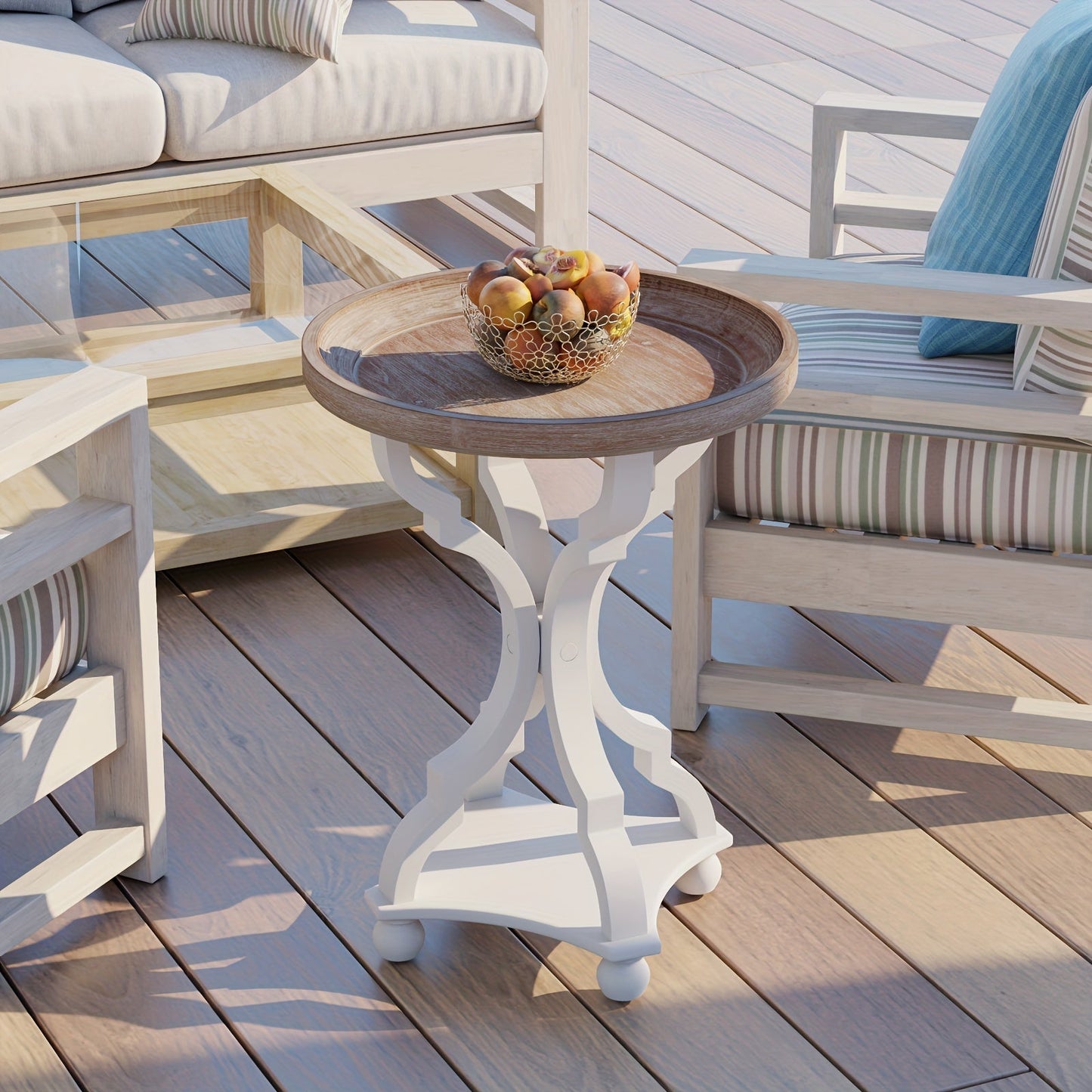 Side Table Rustic Raised-Tray Accent Design with Distressed Wood-Like Finish in Square or Round Shape