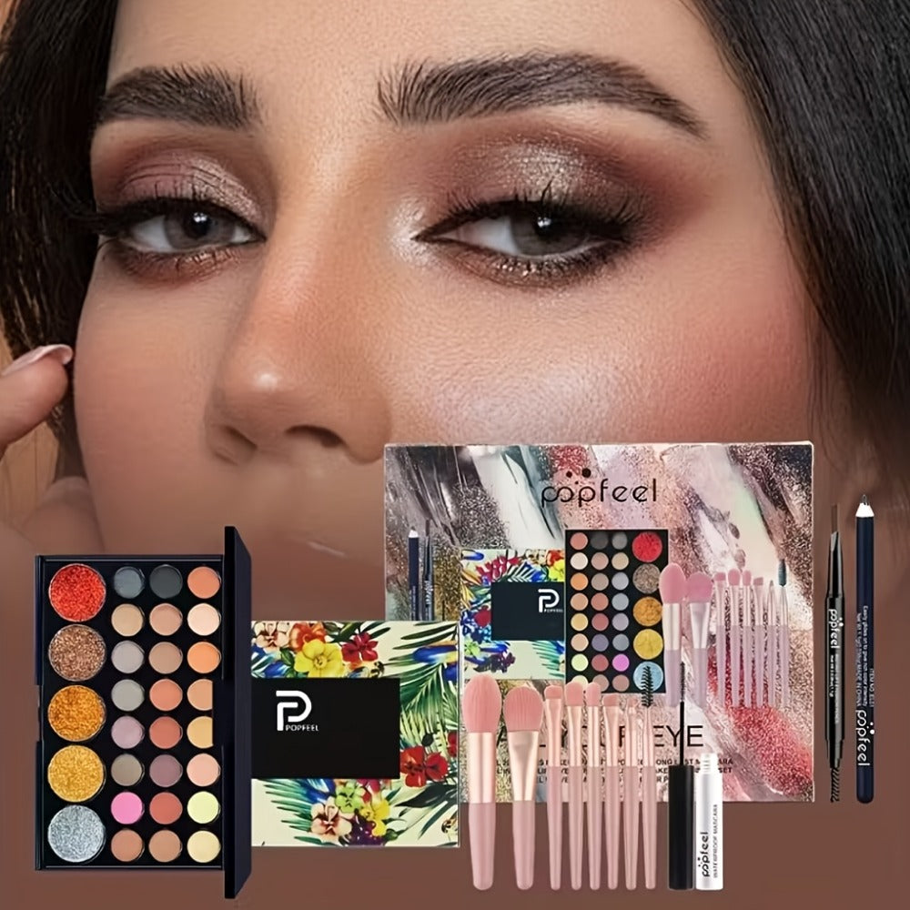 Makeup Gift Set POPFEEL 29-Color Eyeshadow Palette + Mascara + Eyeliner + Brow Pencil + Highlighter Powder + 7-Piece Brush Set | Complete Eye & Face Kit for All Skin Types | Beginner Friendly