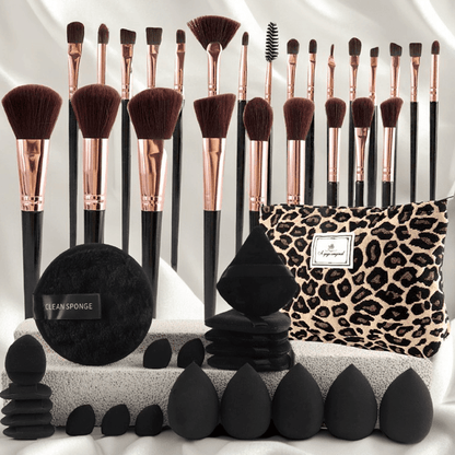 Makeup Brush Set, 23-, 44- or 47-Piece Nylon Bristle Kit with Blending Sponges and Leopard, Beige or Black Bag