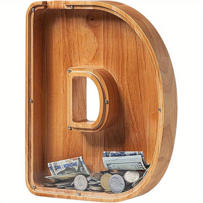Wooden Alphabet Letter Coin Bank with Clear Front Panel and 23 Fixed Initial Options for Display
