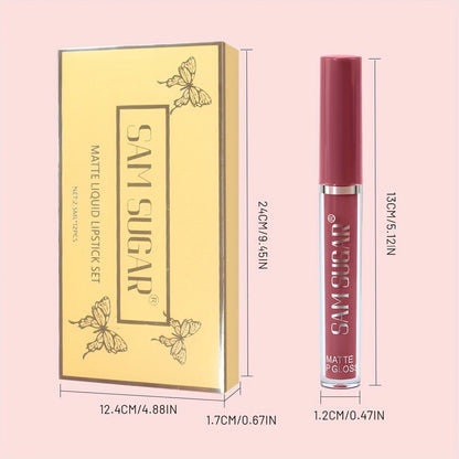 Lip Gloss Set by SAM SUGAR with 12 Matte Liquid Lip Colors, Numbered Shades and Presentation Box