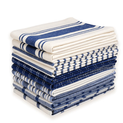 Ten-Pack Cotton Flat-Weave Kitchen Towel Set with Stripe, Check and Solid-Border Designs in Nine Colors