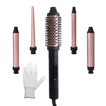 Ceramic Curling Iron Set 5-in-1 with Interchangeable Barrels & Heat Brush – Professional Hair Curler Wand Styling Kit for Long-Lasting Waves & Curls, All Hair Types Women, Includes Heat Gloves & Clips