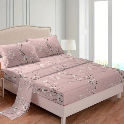 Bed Sheet Set 4-Piece Plum Blossom Floral Polyester with 15-Inch Pocket and Four Color Options