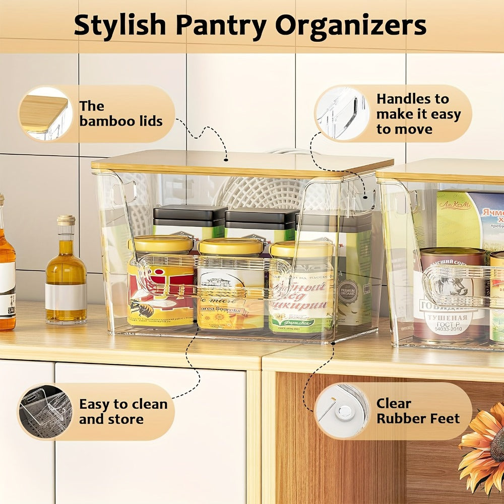 Two-Pack Clear Stackable Pantry Storage Bins with Bamboo Tops, Front Openings and Side Handles