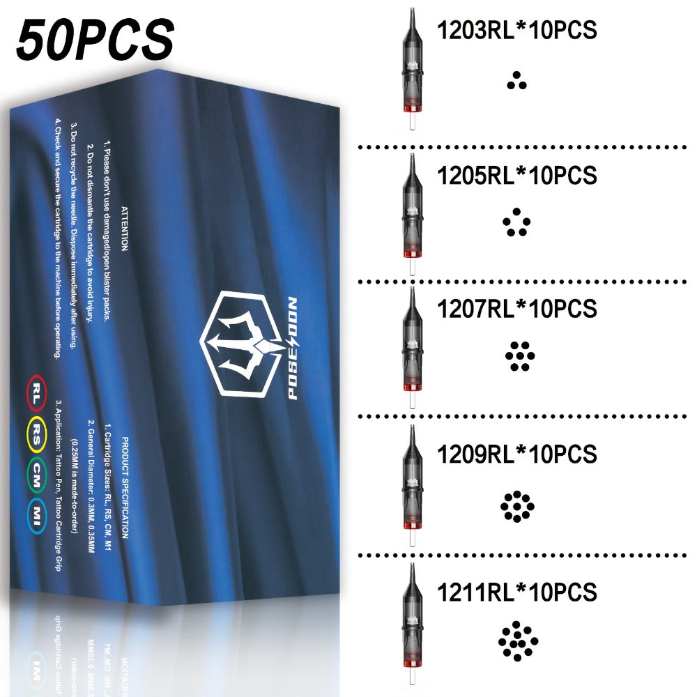 Round Liner Tattoo Cartridge Needles 50pcs Assorted - #10 Bugpin & #12 Standard 3RL 5RL 7RL 9RL 11RL Long Taper Membrane Safety EO Sterilized, for Fine Line Script PMU & All Rotary Tattoo Machines V2