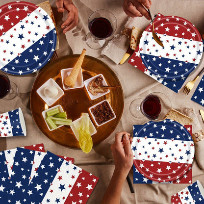 4th of July Party Supplies 140 Pcs – Patriotic Disposable Paper Plates & Napkins for Independence Day BBQ, Memorial Day & Red White Blue Party Decorations Serves 20 Guests