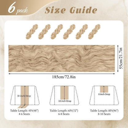 Six-Piece Cheesecloth Table Runner Set, 21.7 x 72.8 Inches Each in Nine Colors for Dining and Events