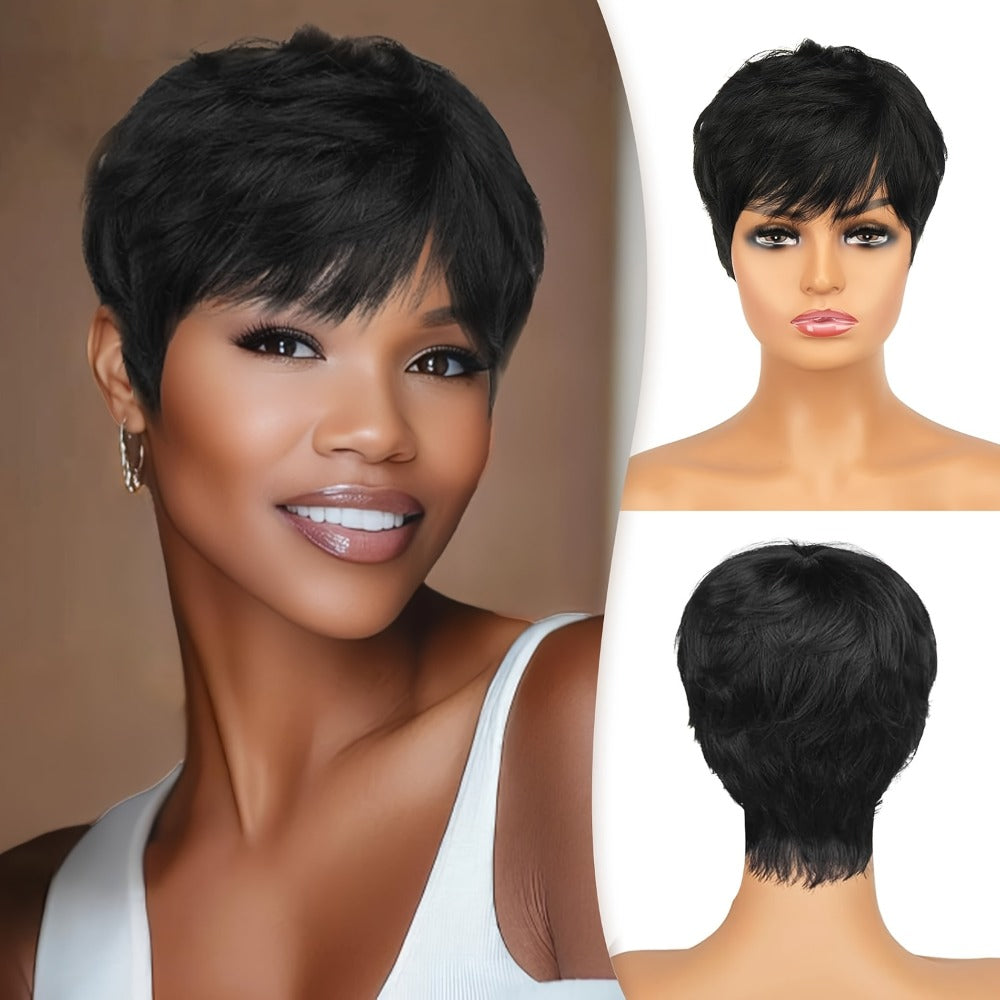 Short Fairy Pixie Human Hair Wig in 1B Black with 4-Inch Length and Full Machine-Made Cap Design