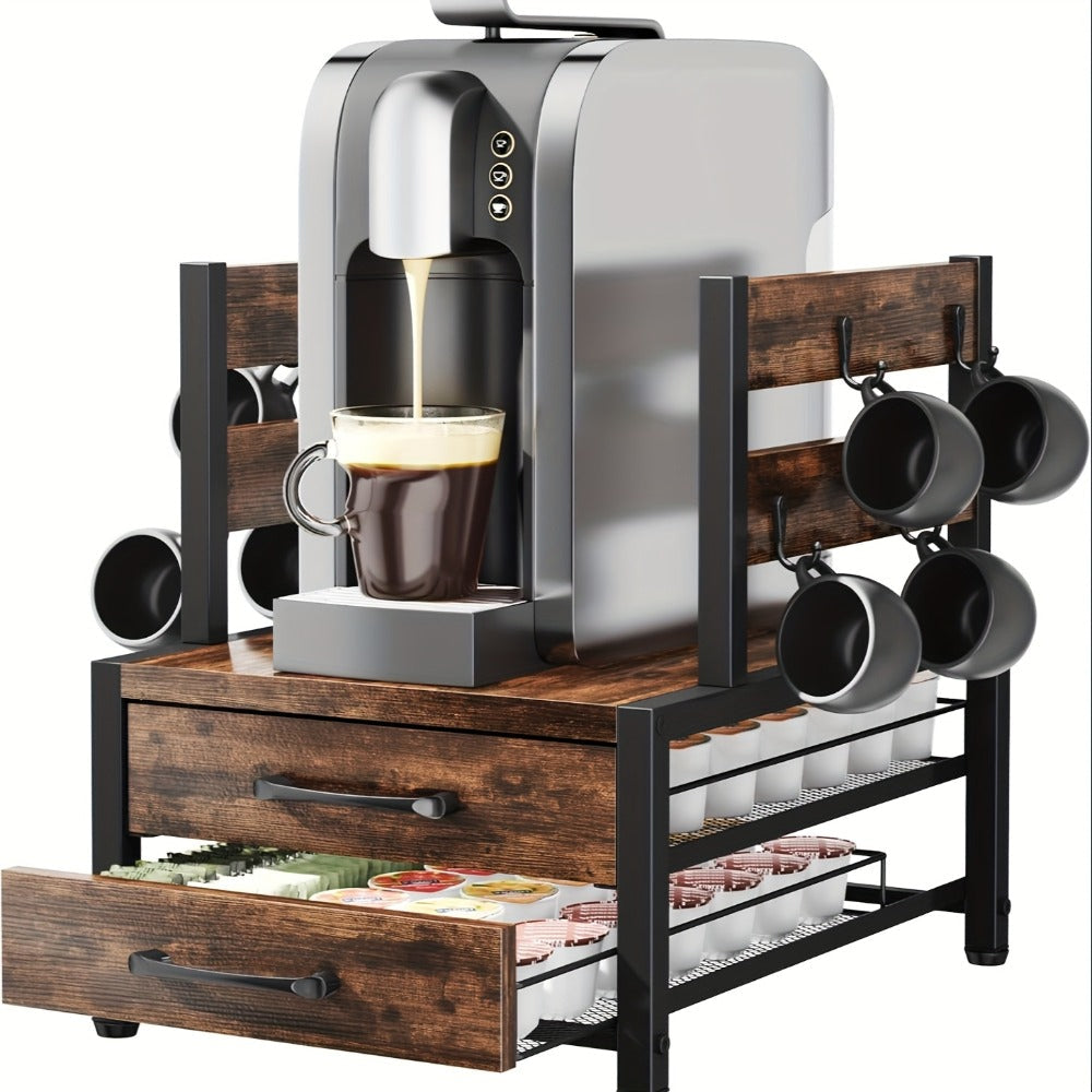 Coffee Capsule and Mug Rack Kitchen Organizer Single or Double Layer Countertop Stand in Rustic Brown