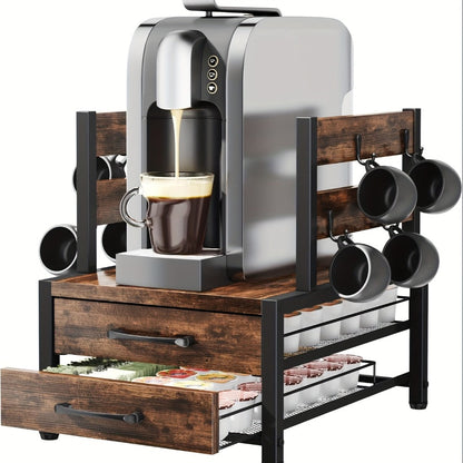 Coffee Capsule and Mug Rack Kitchen Organizer Single or Double Layer Countertop Stand in Rustic Brown