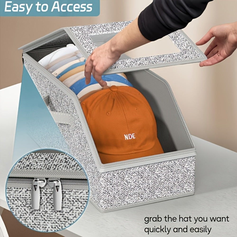Baseball Cap Storage Box 2 Pack – Foldable Stackable Zippered Hat Organizer, Large Capacity Dustproof Closet Storage for Caps, Hats & Clothes, Durable Fabric
