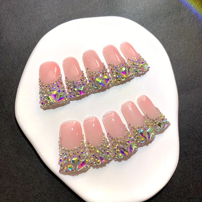 Press On Nails Duckbill French Tip AB Diamond Shiny Nude – Long Handmade Wearable Nail Set 10pcs with Tools for Wedding Party Date School S/M/L