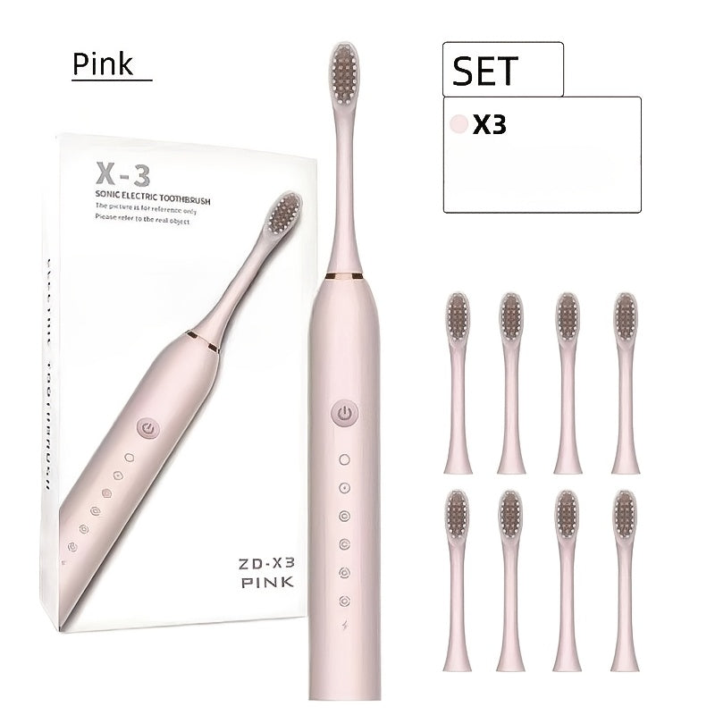Electric Toothbrush Set with Eight Brush Heads, USB Charging, Soft Bristles and Pink, White or Black Handle
