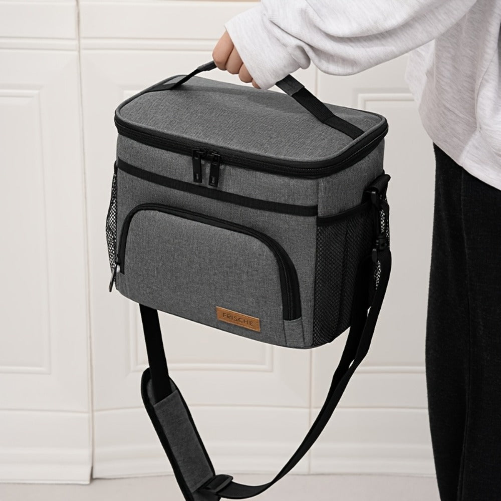 Insulated Lunch Bag with Adjustable Shoulder Strap, Dual Zippers and Black, Grey or Blue Color Options