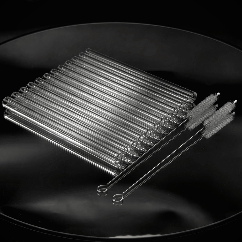 12-Pack Reusable Borosilicate Glass Straw Set with Cleaning Brushes in 6 or 8 Inch Lengths for Drinks