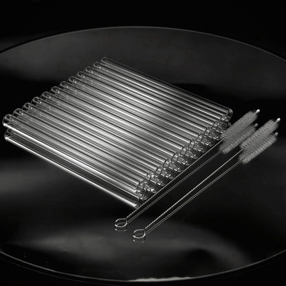 12-Pack Reusable Borosilicate Glass Straw Set with Cleaning Brushes in 6 or 8 Inch Lengths for Drinks
