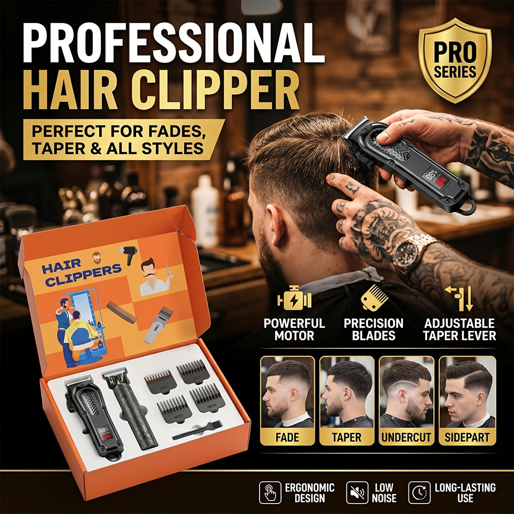 2-Piece Hair Clipper Set with Full-Size Clipper, Detail Trimmer, Guide Combs and USB Charging Accessories