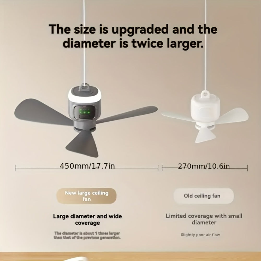 Hanging Camping Fan with 12000mAh Battery, Three Blades, Remote Control, LED Light and Timer Settings