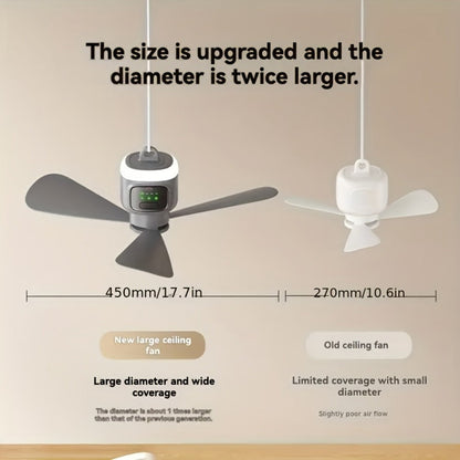 Hanging Camping Fan with 12000mAh Battery, Three Blades, Remote Control, LED Light and Timer Settings