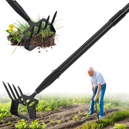2-in-1 Garden Hand Tool with Stirrup Hoe, Four-Tine Cultivator and 62-, 73- or 82-Inch Sectional Handle