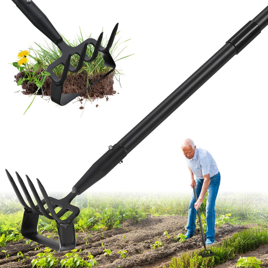 Hula Hoe 2-in-1 Dual Head Stirrup Loop Hoe & 4-Tine Cultivator Rake Heavy Duty All-Metal Long Handle 62 73 82 Inch for Weeding Aerating Loosening Soil