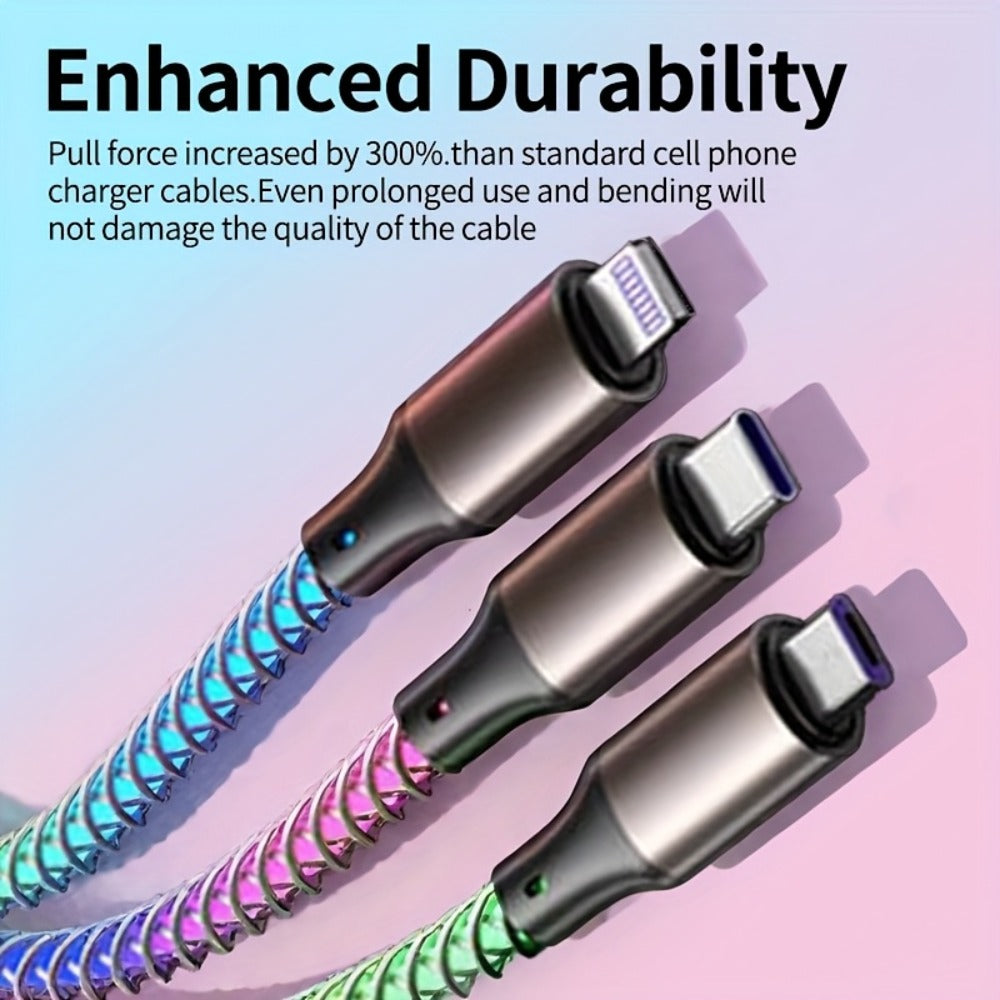 RGB-Lit Braided Charging Cable with USB-A Input and Lightning, USB-C and Micro USB Connector Ends