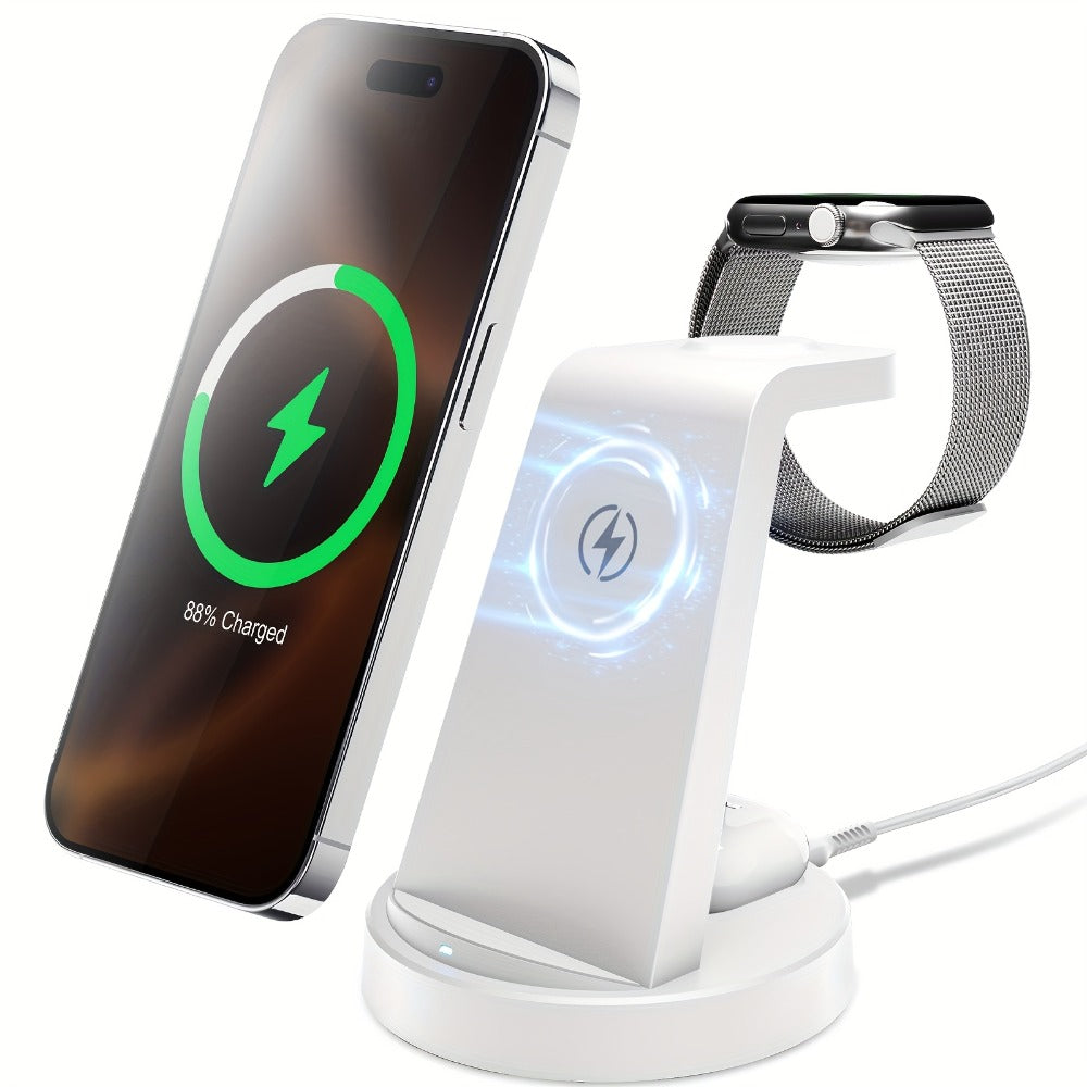 3-in-1 Wireless Charging Dock Multi-Color Fast Charge for iPhone 17 16 15 14 13 12 11 Pro Max, Apple Watch Ultra 2 Series 10 9 8 7 6 SE, AirPods 4 3 2 Pro & Samsung Galaxy – Black Blue Pink U1 U2