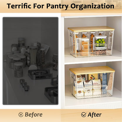 Pantry Storage Box Kitchen Organizer 2-Piece Clear Acrylic Stackable Set with Three Garbage Bag Rolls