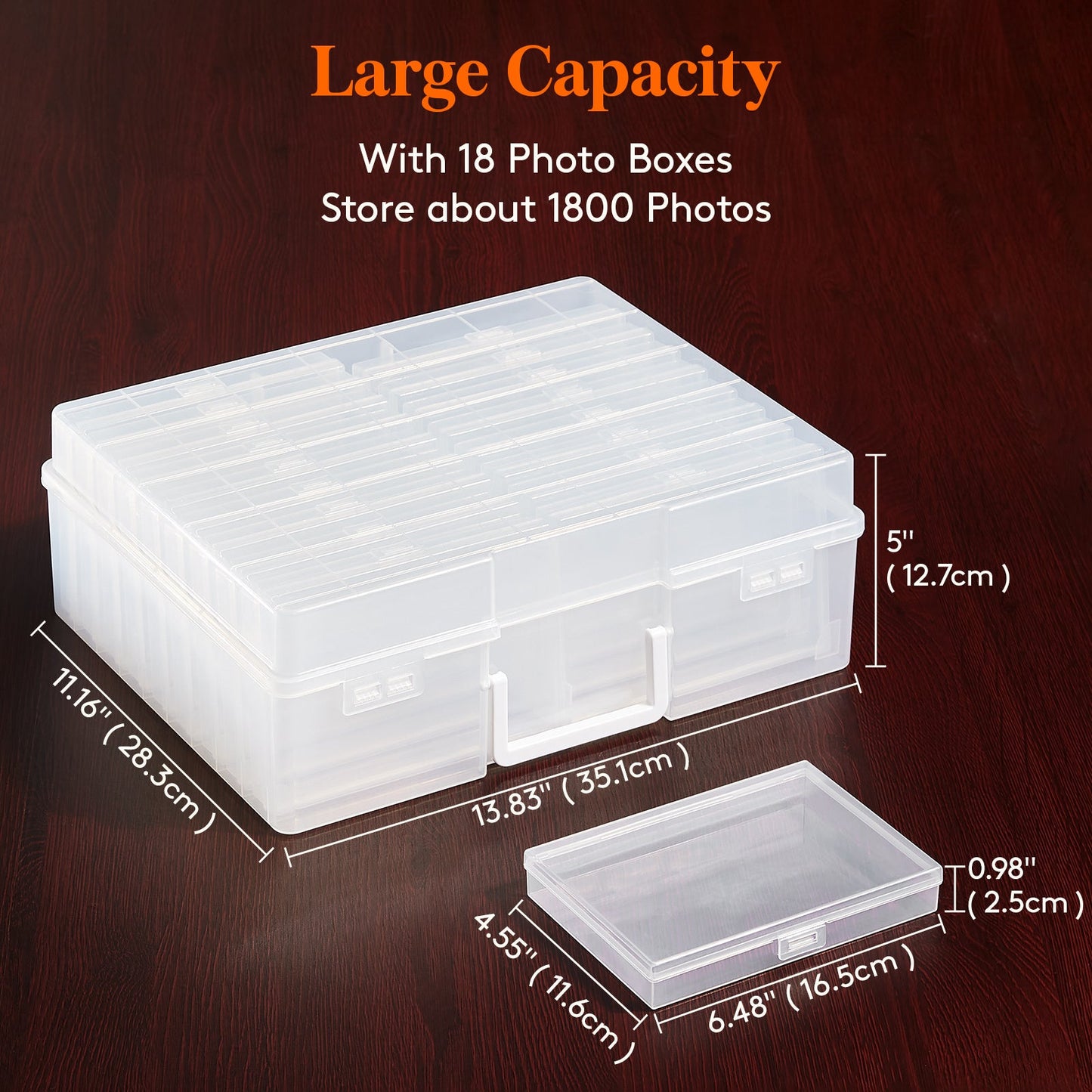 Photo Storage Box with 14 or 18 Inner Keeper Cases in Clear, Black or Multicolor Configurations