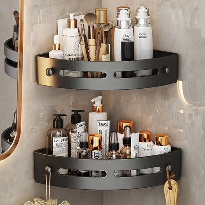 Two-Piece Black Corner Shower Caddy Set with Adhesive Mounts, Drainage Slots and Exact Checkout Label