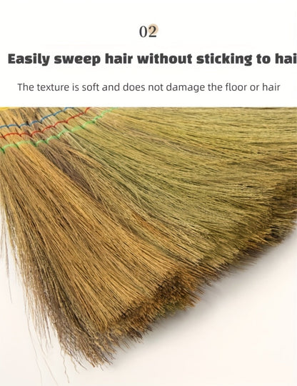 Extra-Long Miscanthus Broom with Soft Full-Length Bristles and Yellow Wrapped Handle for Home Sweeping