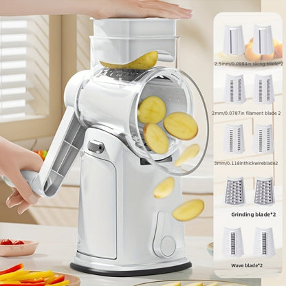 Rotary Cheese Grater with Handle 10 Interchangeable Blades Suction Cup Base Easy Clean Kitchen Slicer for Cheese Vegetables Fruits Nuts