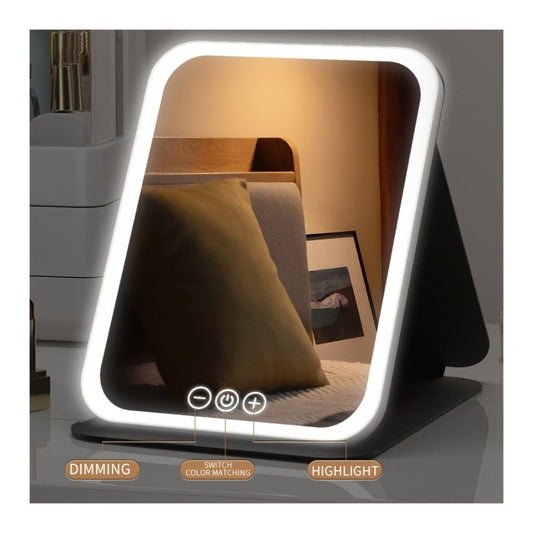 Makeup Mirror Foldable LED Travel Stand with Three Light Colors, Touch Dimming, USB Charging and Pink or White Options