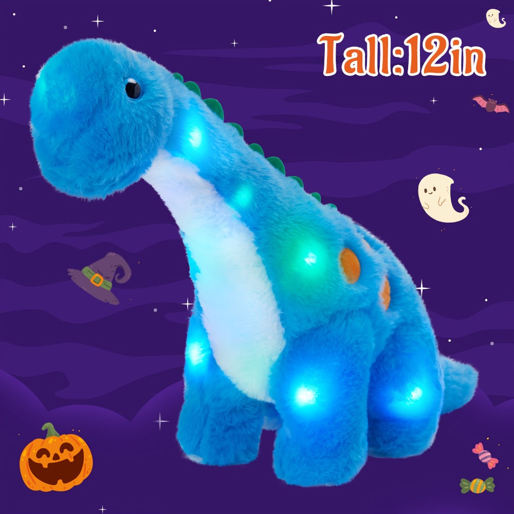 Plush Toy Blue Dinosaur with LED Glow and Optional Music for Colorful Interactive Display for Character Display, Room Decor and Gift