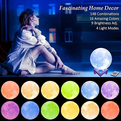 15cm Lunar Globe LED Night Light with Wood Stand, USB Rechargeable Power, Remote and 16 Colors