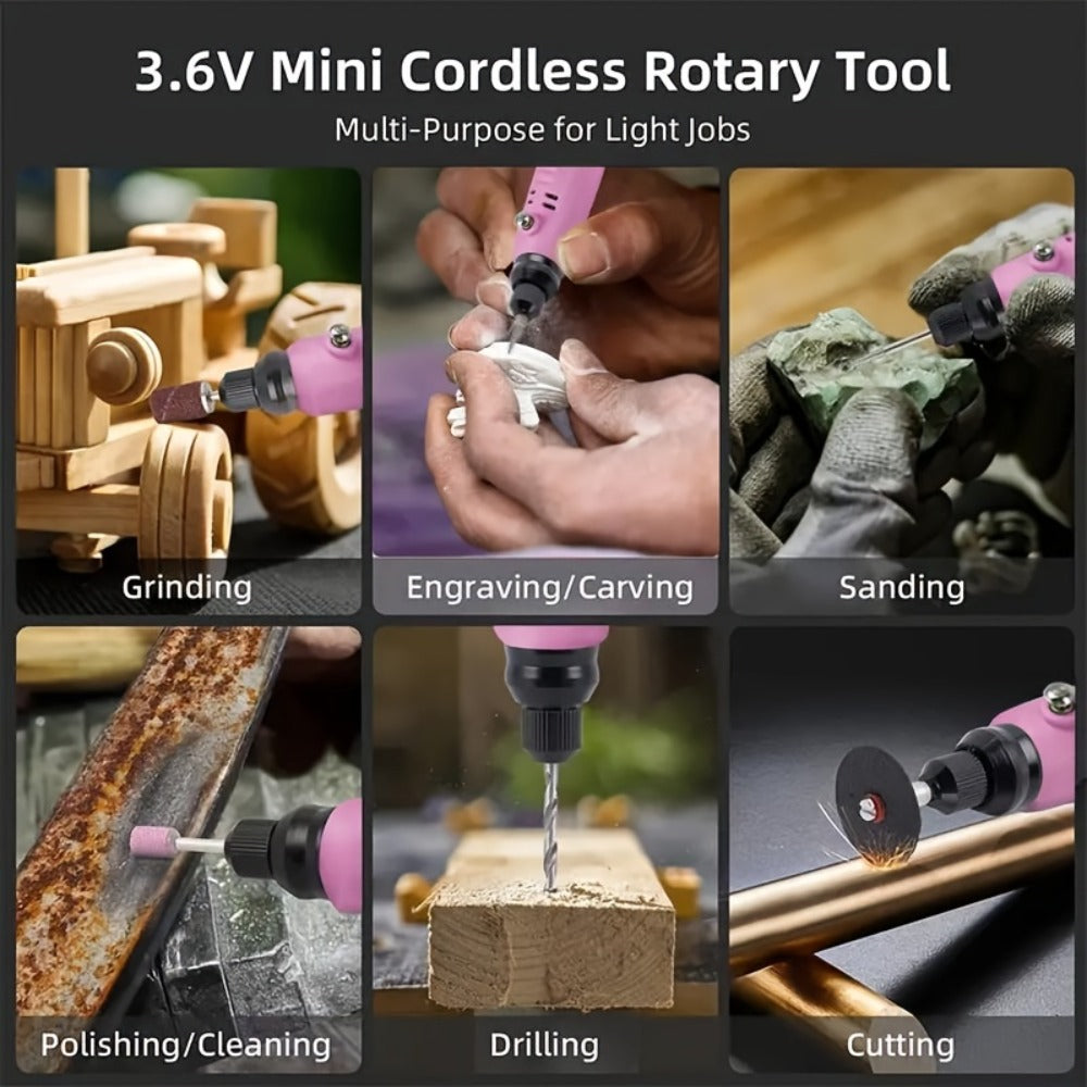 Cordless Rotary Tool Kit 3.6V USB Charging – Sanding Polishing Drilling Engraving Multi-Purpose Power Tool for Home Workshop Hobbyists 25/53/86 Pcs
