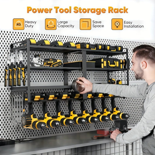 Wall Mounted Power Tool Organizer Rack – Heavy Duty Metal Drill Holder with 2/3/4 Layer Floating Shelf | Garage Tool Storage for Cordless Drills, Screwdrivers & Power Tools | No Electricity Needed