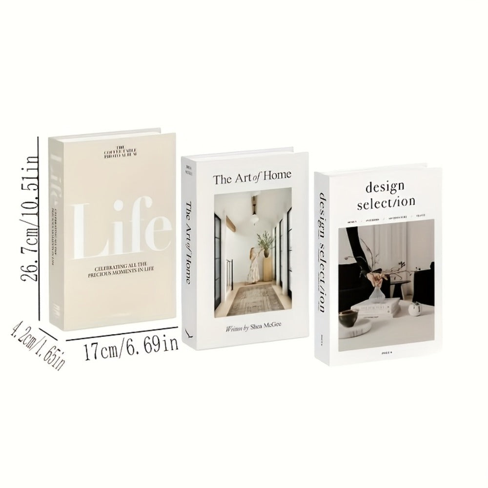Faux Decorative Books Set, 3-Piece Beige Coffee Table Book Stack with Gold Text and 10.5 x 6.7-Inch Covers