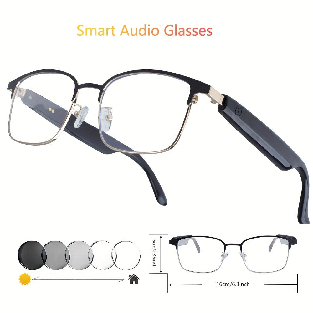 Bluetooth Smart Glasses with Photochromic Auto Dimming Lenses & Anti Blue Light – Wireless Built-in Speaker | Music & Hands-Free Calls | Magnetic Charging | Black White Gold Blue | Wearable Tech Gift