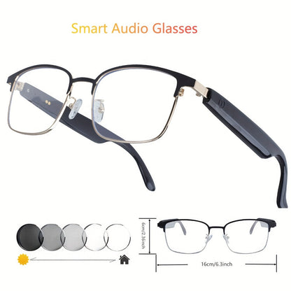 Bluetooth Smart Glasses with Photochromic Auto Dimming Lenses & Anti Blue Light – Wireless Built-in Speaker | Music & Hands-Free Calls | Magnetic Charging | Black White Gold Blue | Wearable Tech Gift