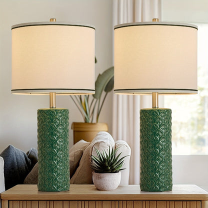 Ceramic Table Lamp – Modern Farmhouse Bedside Lamp with Drum Shade, 3 Color Temperature, Knob Switch, 9W LED Bulb Included, Rustic Nightstand Desk Light for Bedroom Living Room Office Dorm (Multiple Colors)